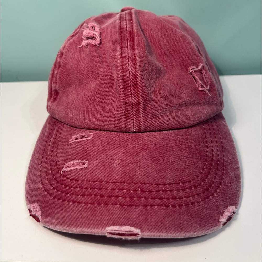 Distressed Light Burgundy Ponytail Hat